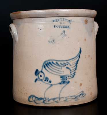 4 Gal. WEST TROY / N.Y. / POTTERY Stoneware Crock with Pecking Chicken Decoration
