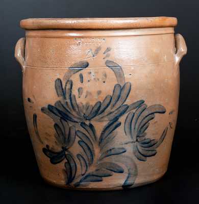 Rare 4 Gal. LEWISTOWN POTTERY Stoneware Jar w/ Profuse Cobalt Floral Decoration