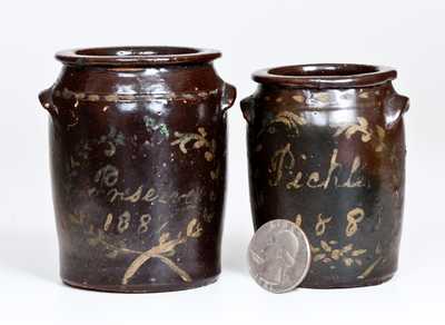Lot of Two: Unusual Miniature Albany-Slip Stoneware Jars w/ Cold-Painted Dated Inscriptions