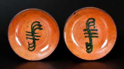 Fine Pair of Redware Plates w/ Green Slip Decoration, probably Simon Singer, Haycock Twp, Bucks County, PA