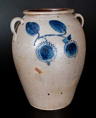 Outstanding 10 Gal. Ohio Stoneware Jar with Bold Cobalt Fruit Decoration