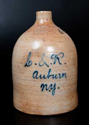 J. FISHER & CO. / LYONS, NY Stoneware Jug with Auburn, NY Script Advertising