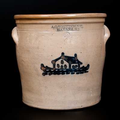 2 Gal. A. O. WHITTEMORE / HAVANA, N.Y Stoneware Jar with House Decoration