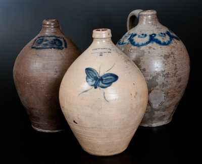 Lot of Three: Ovoid Stoneware Jugs incl. JULIUS NORTON w/ Butterfly and Two Early NY/NJ Examples