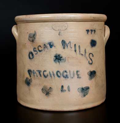 Very Rare Oscar Mills / Patchogue, LI Stoneware Crock by BROWN BROTHERS / HUNTINGTON / L.I.