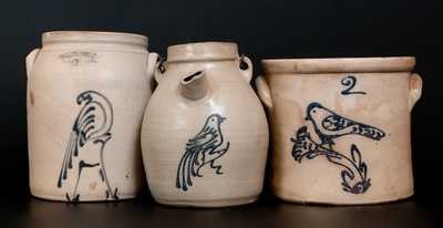 Lot of Three: Stoneware Vessels w/ Bird Decorations incl. WHITES UTICA Example