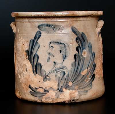 Very Rare M. & T. MILLER / NEWPORT, PA Stoneware Crock with Man's Bust Decoration