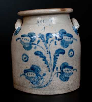 4 Gal. S.T BREWER / HAVANA Stoneware Jar with Profuse Cobalt Floral Decoration