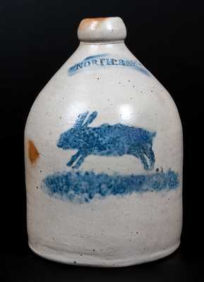 Rare NORTH BAY (John Waelde, North Bay, NY) Stoneware Jug with Stenciled Rabbit Decoration