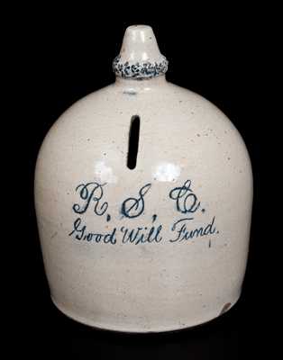 Interesting Stoneware Bank with Acorn Finial Inscribed 