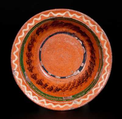 Mid-Atlantic Redware Bowl with Three-Color Slip-Decorated Interior