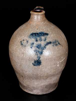 Very Rare A. STATES, Stonington, CT Stoneware Jug w/ Incised Design and Initials