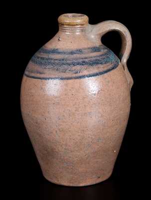 Quart-Sized Branch Green, Philadelphia (or Old Bridge, NJ) Stoneware Jug w/ Coggled Foliate Design