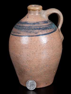 Quart-Sized Branch Green, Philadelphia (or Old Bridge, NJ) Stoneware Jug w/ Coggled Foliate Design