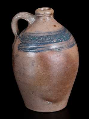 Quart-Sized Branch Green, Philadelphia (or Old Bridge, NJ) Stoneware Jug w/ Coggled Foliate Design