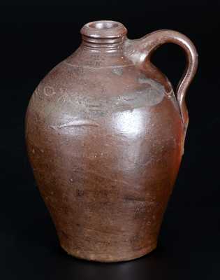 Quart-Sized Branch Green, Philadelphia (or Old Bridge, NJ) Stoneware Jug with Coggled Bird Design