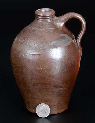 Quart-Sized Branch Green, Philadelphia (or Old Bridge, NJ) Stoneware Jug with Coggled Bird Design