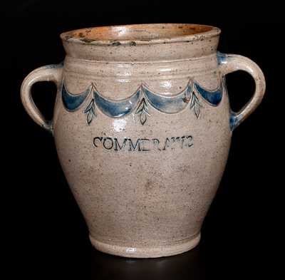 Exceptional COMMERAWS STONEWARE Vertical-Handled Stoneware Jar, Corlears Hook, Manhattan, NY, c1800