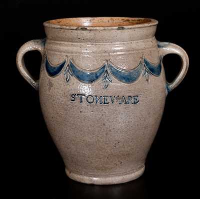 Exceptional COMMERAWS STONEWARE Vertical-Handled Stoneware Jar, Corlears Hook, Manhattan, NY, c1800