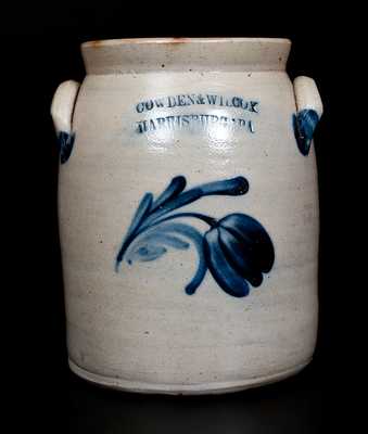 COWDEN & WILCOX / HARRISBURG. PA Stoneware Jar w/ Cobalt Floral Decoration