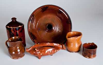 Six Pieces of Glazed Redware, primarily American