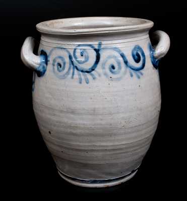 Outstanding Abraham Mead, Greenwich, CT Stoneware Jar w/ Cobalt Watchspring Decoration, c1790