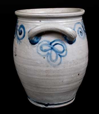 Outstanding Abraham Mead, Greenwich, CT Stoneware Jar w/ Cobalt Watchspring Decoration, c1790