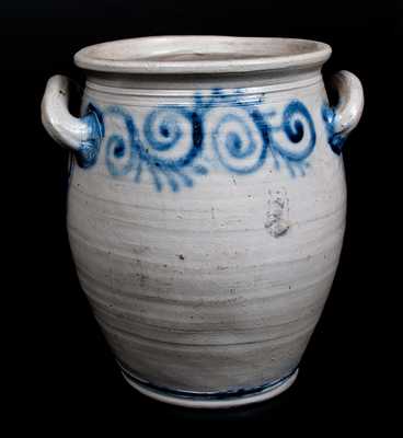 Outstanding Abraham Mead, Greenwich, CT Stoneware Jar w/ Cobalt Watchspring Decoration, c1790