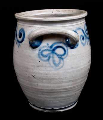 Outstanding Abraham Mead, Greenwich, CT Stoneware Jar w/ Cobalt Watchspring Decoration, c1790