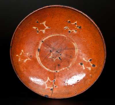 Very Rare Huntington, Long Island Slip-Decorated Redware Charger w/ Star Motif