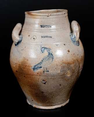 Rare BOSTON Stoneware Jar w/ Impressed Bird Eating Grapes Decoration, late 18th century