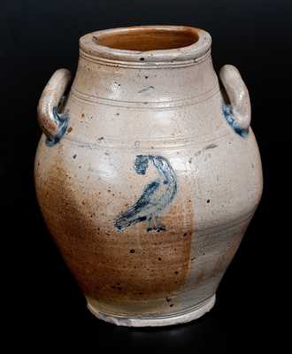 Rare BOSTON Stoneware Jar w/ Impressed Bird Eating Grapes Decoration, late 18th century