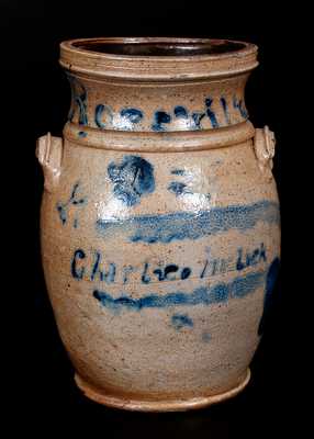 Diminutive Stoneware Churn Inscribed Roseville Ohio and Charlie Melick, Roseville, Perry County, Ohio, c1875