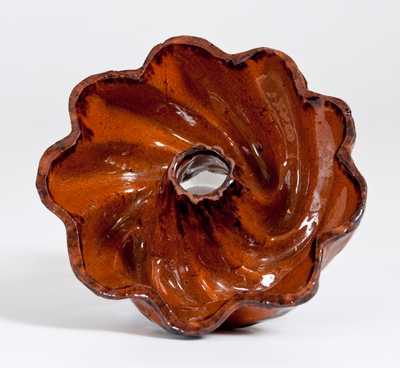 Unusual Small I. BELL Redware Turk s Head Mold with Striped Manganese Decoration