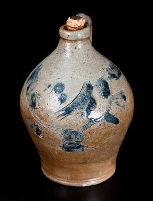 Exceptional Miniature Stoneware Jug w/ Incised Bird on Stump Decoration, probably Connecticut, c1820