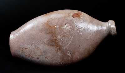 Rare Stoneware Flask w/ Incised Bird and Foliate Decorations, Northeastern U.S., circa 1820