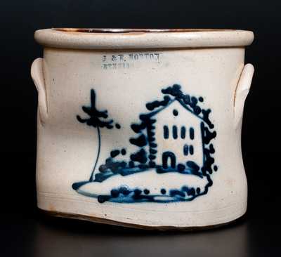 Rare J. & E. NORTON / BENNINGTON, VT Stoneware Crock w/ Cobalt House Decoration