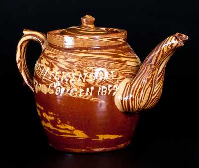 English Double-Spouted Redware Presentation Teapot, 1899