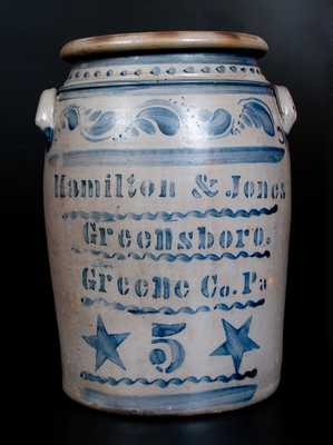 HAMILTON & JONES / GREENSBORO / Greene Co. Pa Stoneware Jar w/ Stars and Profuse Decoration