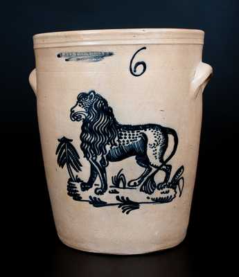 Exceedingly Rare Six-Gallon F. STETZENMEYER / ROCHESTER, NY Stoneware Cream Jar w/ Cobalt Standing Lion Decoration