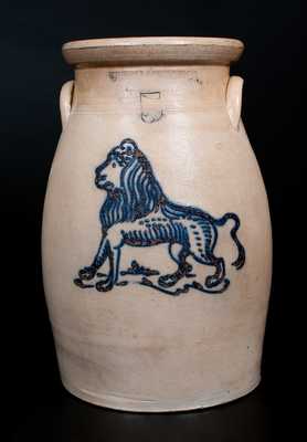 Rare HUBBELL & CHESEBRO / GEDDES, NY 5 Gal. Stoneware Churn w/ Lion Decoration