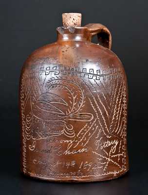 Very Rare Grand Chain Pottery (Illinois) Stoneware Jug w/ Incised Bird Scene and Presentation Inscription, 1892