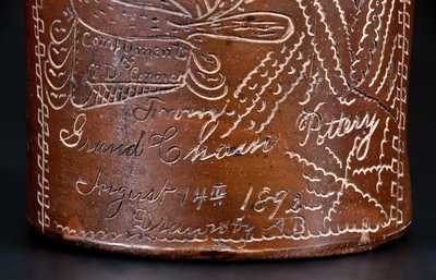 Very Rare Grand Chain Pottery (Illinois) Stoneware Jug w/ Incised Bird Scene and Presentation Inscription, 1892