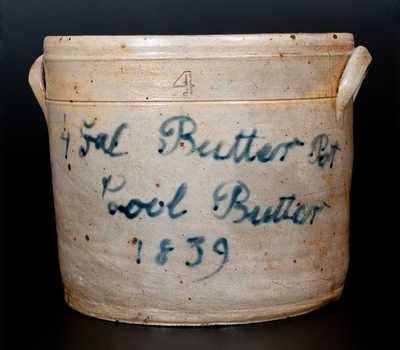 Rare Stoneware Crock Inscribed "4 Gal. Butter Pot / Cool Butter / 1839"