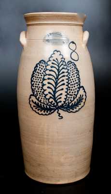 8 Gal. J. BURGER / ROCHESTER, N.Y. Stoneware Churn with Slip-Trailed Leaf Decoration