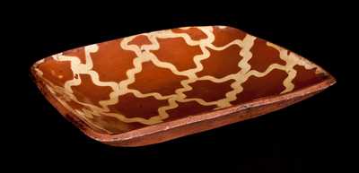 Exceptional PA Redware Loaf Dish w/ Latticework Slip Decoration