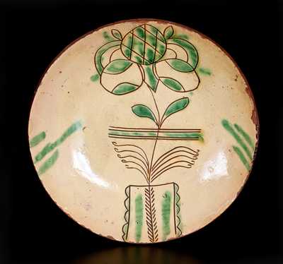 Fine Sgraffito-Decorated PA Redware Plate w/ Flowering Urn, possibly H. Roadebush, Montgomery Co, PA
