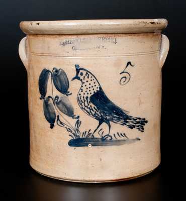 Unusual HUBBEL & CHEESEBRO / GEDDES, NY Stoneware Crock with Bird Decoration