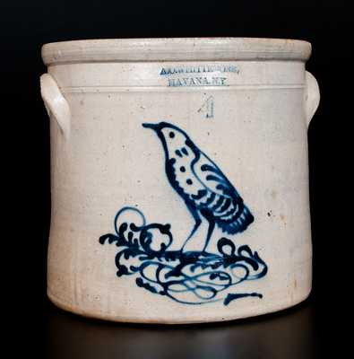A. O. WHITTEMORE / HAVANA, NY Stoneware Crock with Slip-Trailed Bird Decoration