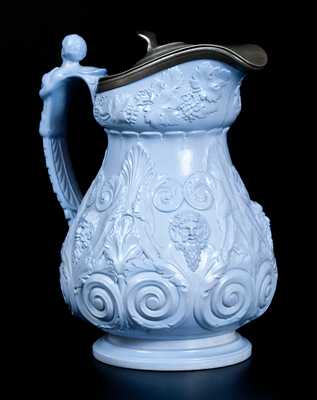 Rare Molded Blue Stoneware Pitcher att. D. & J. Henderson, Jersey City, NJ.